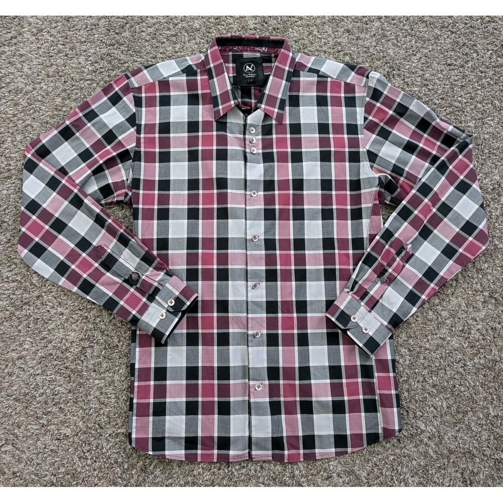 Au Noir Men's Shirt Size 5 Long Sleeve‎ Checkered Gray Pink Black Button Up